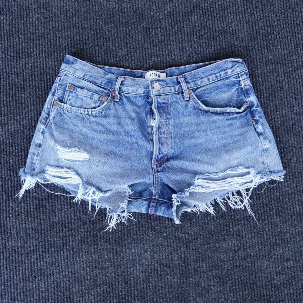 AGOLDE Parker Distressed Denim Shorts Womens 30 Blue Excellent Cutoff Button Fly